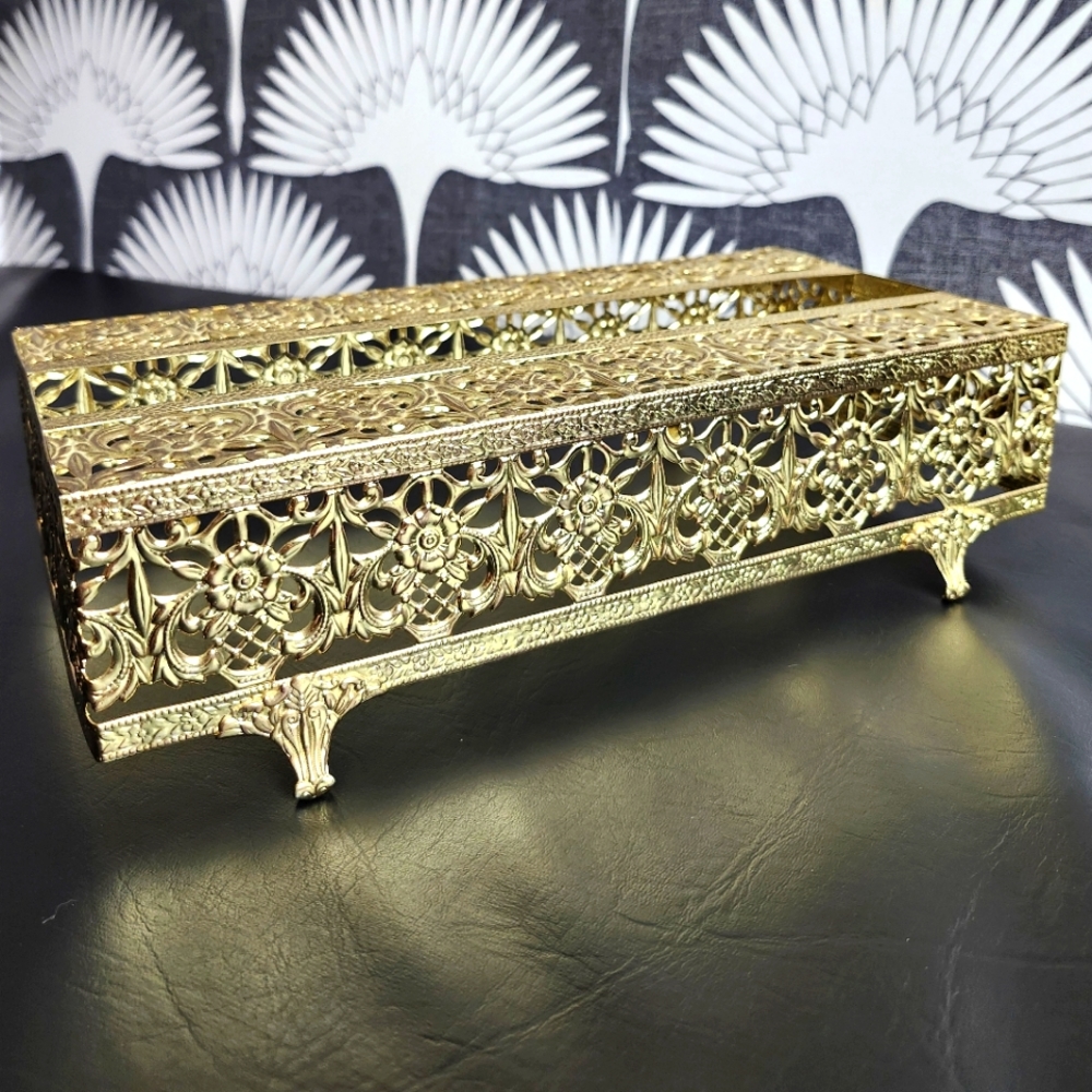 Vintage Hollywood Regency Gold Metal Tissue Cover Holder Box, MCM